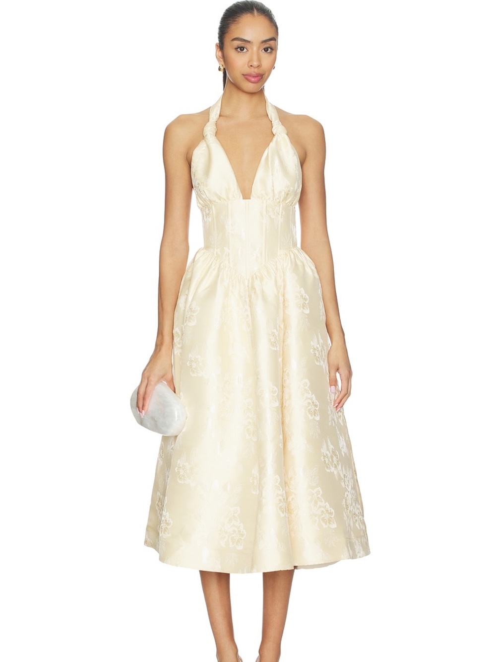 V. Chapman Pale Butter Yellow Floral Brocade Formal Dress
